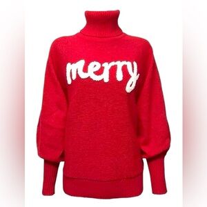 Holiday Christmas Red Turtleneck Sweater with 'Merry' Design